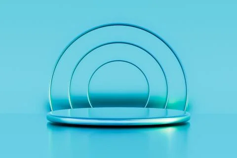 Cyan platform with circular neon lights for promo Stock Illustration