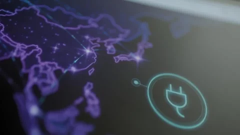 Cyan plug icon beside violet Asia map Stock Footage 344849107