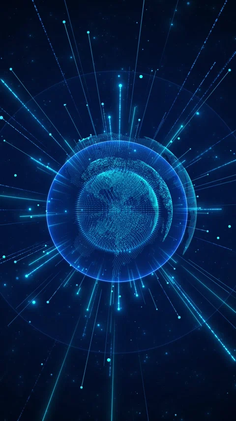 Cyan points form a rotating digital globe surrounded by orbit rings and streamin Stock Footage 341013103