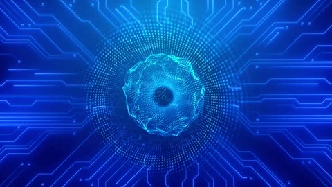 Cyan processor data sphere visual bright circuit paths, binary particles, and fu Stock Footage 340567409