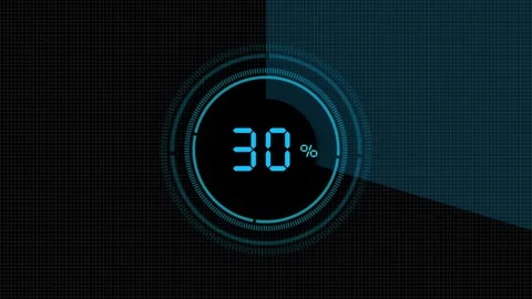 Cyan progress gauge interface visual with circular loading meter, black grid bac Stock Footage 340479401