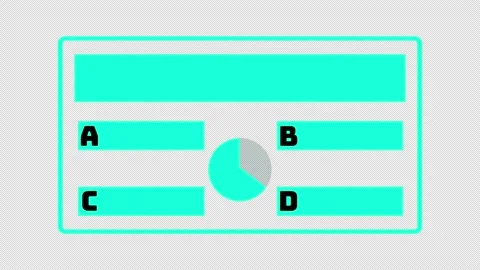 Cyan quiz panel with four answer choices and a circular chart Stock Footage 339116376