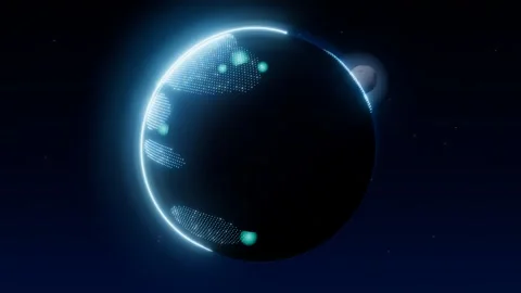 Cyan radar scan beam sweeping across a digital particle earth with continents Stock-Footage 339881957