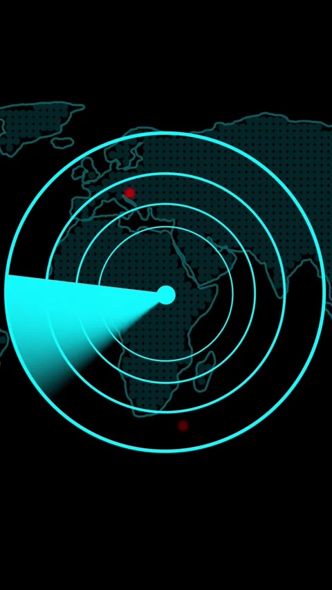Cyan Radar Screen with Sweep and Red Target Marker over Africa on World Map.. Stock Footage 337463484