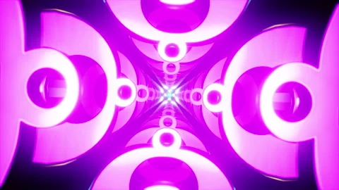 Cyan ring tunnel VJ loop with magenta donuts, mirrored kaleidoscope glow Stock Footage 329865831