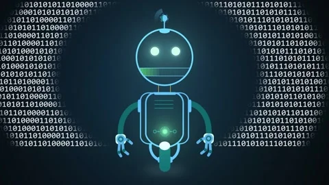 Cyan robot, binary ring appearing behind, switching eyes, chest pulsing, Stock Footage 334337417