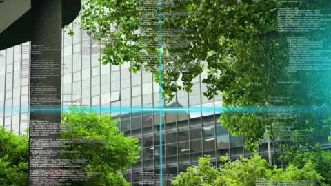 Cyan scanline sweeping from left, holo UI appearing over trees, streaming code, Stock Footage 333949892