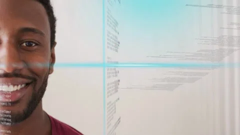 Cyan scanline sweeping man facing camera, code columns glitching across man, Stock Footage 333192923
