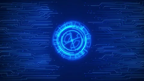 Cyan scanner interface tech visual glowing round target, circuit traces, and blu Stock Footage 340567299