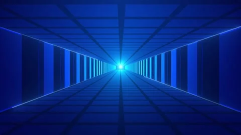 Cyan sci fi hallway visual blue panels, glowing edge lights, and deep digital pe Stock Footage 340567475