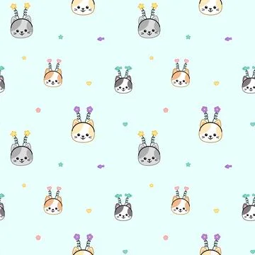 Cyan seamless pattern with cheerful cats. Cute kitten. Cartoon, vector. Stock Illustration