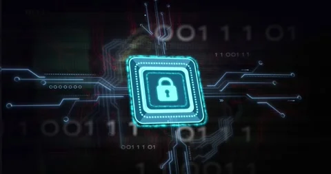 Cyan security chip appearing rotated and pulsing, sending pulses along circuits, Stock Footage 329115355