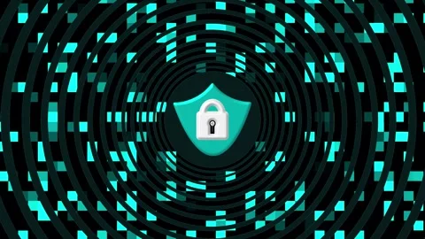 Cyan shield lock icon within circular digital interface shield. Cybersecuri.. Stock Footage 337371031
