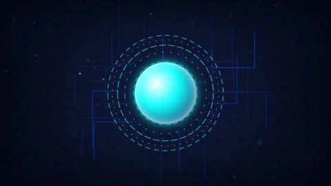 Cyan sphere rotating dashed rings seamless loop motion background Stock Footage 345075902