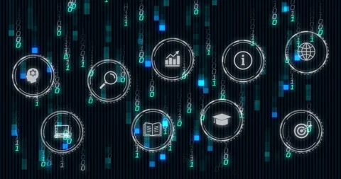Cyan squares sliding down binary rain causing HUD icons moving inward forming Stock Footage 328685521