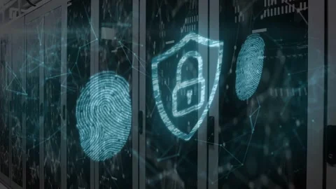 Cyan stream starting data center security overlay, prints scanning and padlock Stock Footage 332591965