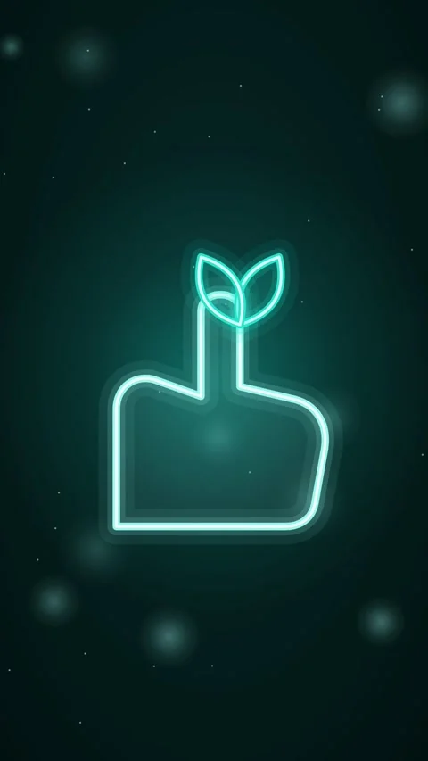 Cyan teal hand holding a leaf neon animation Vertical Eco Motion Stock Footage 346228388