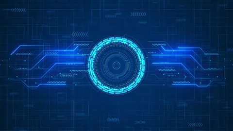 Cyan tech HUD core visual circular digital ring, glowing circuit lines, and deep Stock Footage 340525366