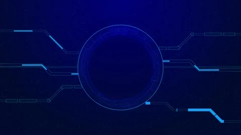 Cyan tech ring interface visual dark circular center, circuit paths, and starry Stock Footage 340526290