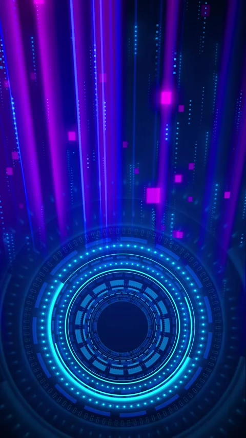 Cyan technology rings rotate beside purple information streams, forming modern Stock Footage 341010499