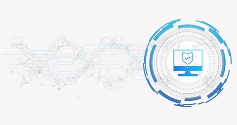 Cyan traces emerging left assembling concentric HUD for security on right, Stock Footage 330444283