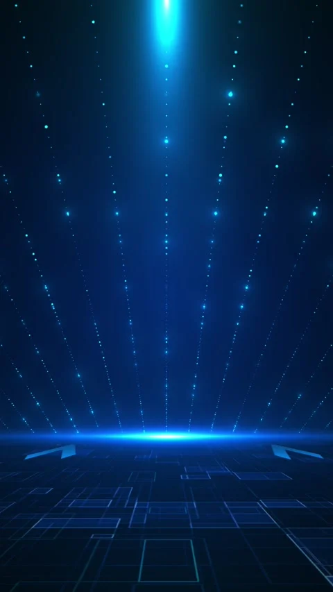 Cyan virtual grid backdrop radiant particle rays, blue platform floor, deep Stock Footage 334103693