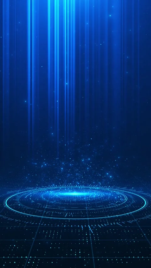Cyan virtual portal stage background luminous floor rings, falling beams, sparkl Stock Footage 340412505