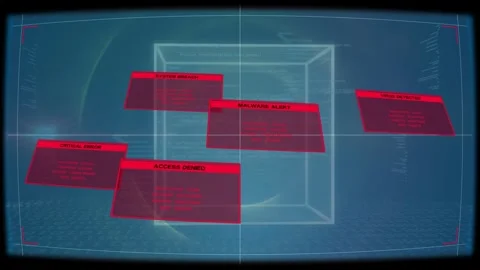 Cyan vortex appearing, starting wireframe cube while red alerts spawning, Stock Footage 334788195