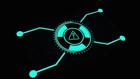 Cyan Warning Icon with Futuristic Interface and Data Connections on Dark Gr.. Stock Footage 321626333