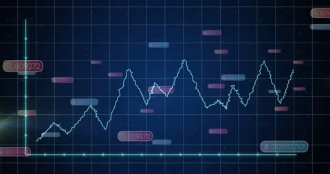 Cyan waveform rising across tech dashboard on live feed, showing metrics with Stock Footage 331062897