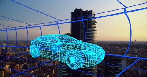 Cyan wireframe car hovering over skyline at sunset camera panning revealing auto Stock Footage 332316405