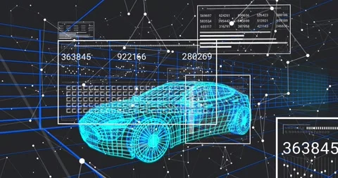 Cyan wireframe car model undergoing system scan triggered by HUD panels fading Stock Footage 320915958
