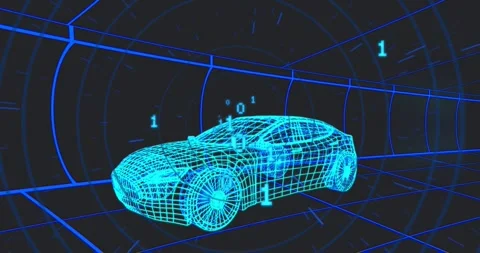 Cyan wireframe car remaining centered, tunnel pulse initiating binary digits Vídeos de archivo 329910302