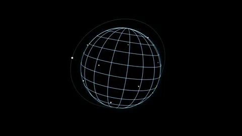 Cyan wireframe globe rotates steadily against a black background Stock Footage 345183479