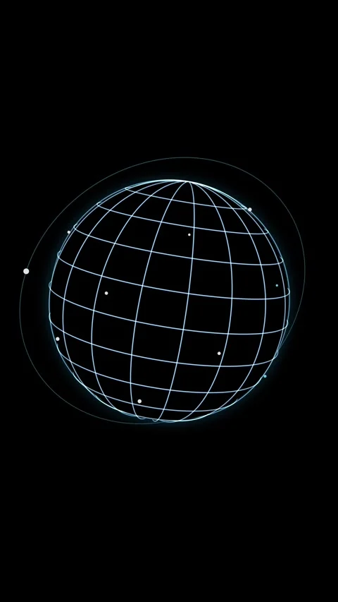Cyan wireframe globe rotates with two concentric orbital paths Stock Footage 345183546