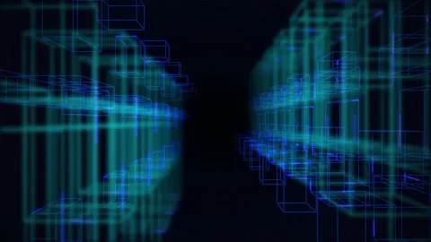 Cyan wireframe grid tunnel flight endless loop motion background Stock Footage 346332234