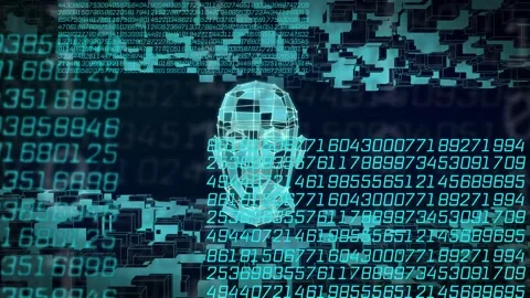 Cyan wireframe head appearing center, rotating profiles while teal code Stock Footage 334351834