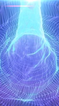 Cyan wireframe tunnel with glowing mesh lines, digital depth, and futuristi.. Stock Illustration