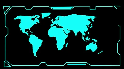 Cyan world map frame animation with glowing global silhouette inside digita.. Stock Footage 337364317