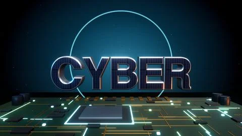 CYBER 3D Text with a Neural Network on a Circuit Board Stock Illustration