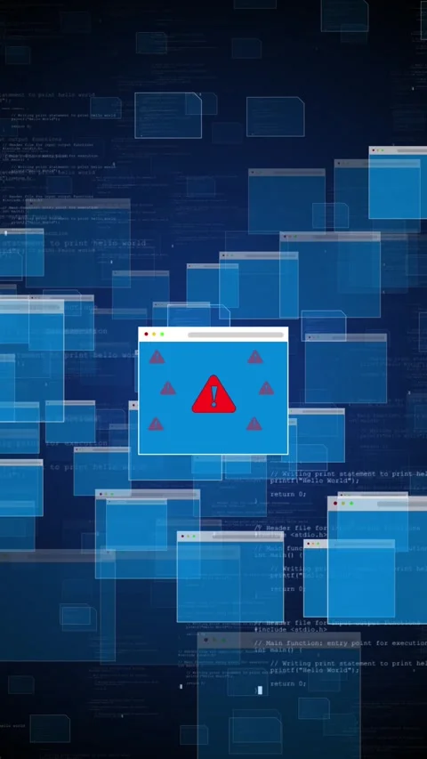 Cyber alert browser windows scene floating blue panels, red warning symbols, Stock Footage 334125749