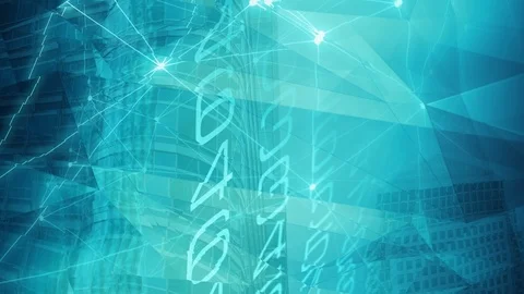 Cyber algorithm digital streaming, connected lines and office building Vídeo Stock 118639435