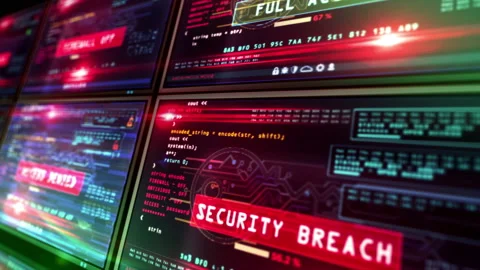 Cyber attack and breaks computer security on screens Stock Footage