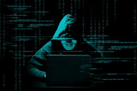Cyber attack. Anonymous hacker working with laptop on black background. Dif.. 库存照片