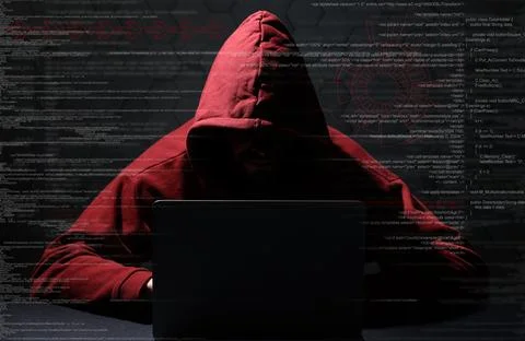 Cyber attack. Anonymous hacker working with laptop on black background. Dif.. Stock Photos