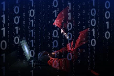 Cyber attack. Anonymous hacker working with laptop on dark blue background... 写真素材
