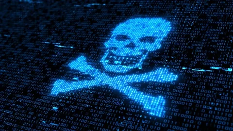 Cyber attack Blue alert with skull symbol on computer screen. System Hacked Stock Footage 176960434