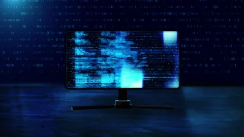 Cyber attack Blue alert with skull symbol on computer screen. System Hacked Stock Footage 183423678