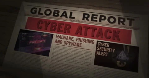 Cyber attack breaking news title newspaper Stock Footage 330910999