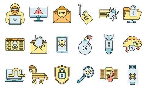 Cyber attack bug icons set vector color 스톡 일러스트